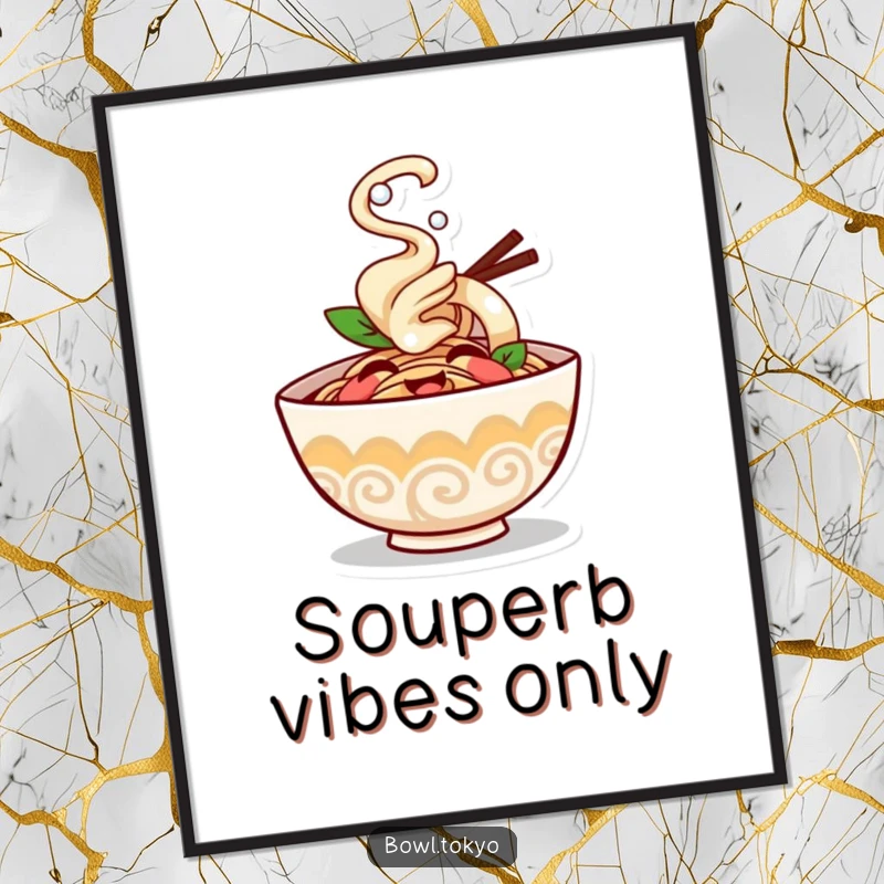 Funny ramen bowl poster character giggling with steam puffing happily, adding cheerful and humorous wall decor.