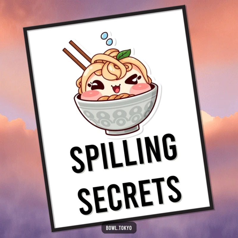 Funny poster print of a cute Kawaii ramen bowl character winking mischievously and splashing, adding foodie humor to decor.