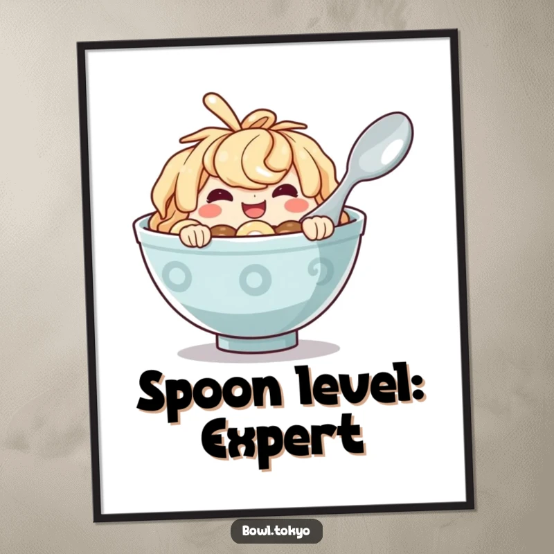 Funny Ramen Bowl Poster depicting a mischievous character with a cheeky grin peeking from behind a giant spoon.