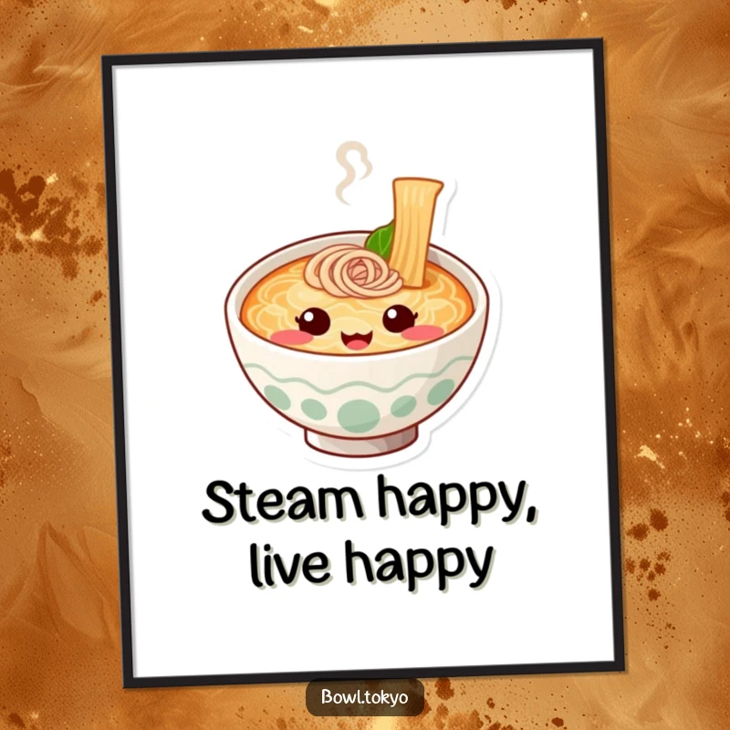 Funny Happy Ramen Bowl Poster featuring a cute noodle character with a smiling steam face, bringing cheer to your decor.