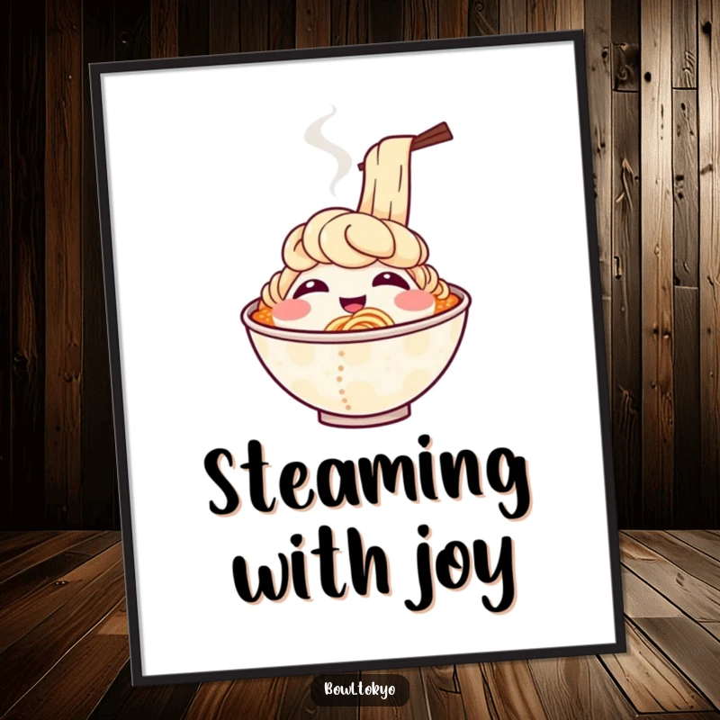 Funny poster art of a smiling ramen bowl character with steam elegantly rising to mimic hearty, cheerful laughter.