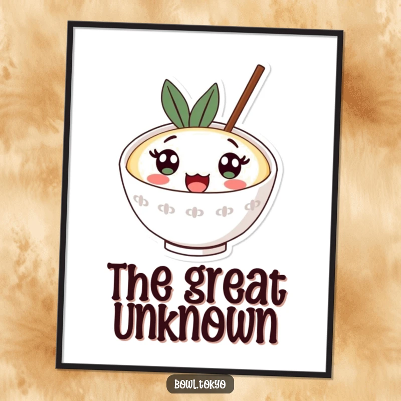 Funny kawaii ramen bowl poster showcasing a character with huge surprised eyes looking upwards, conveying amazement.