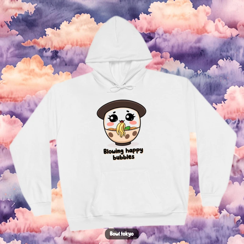 Funny hoodie featuring a ramen bowl character with a funny expression blowing a noodle bubble, perfect for cozy, humorous wear.