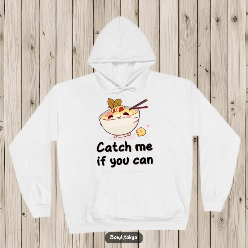 Funny Kawaii ramen bowl hoodie, character on a nori chase, playful foodie humor, comfortable and warm, giftable.