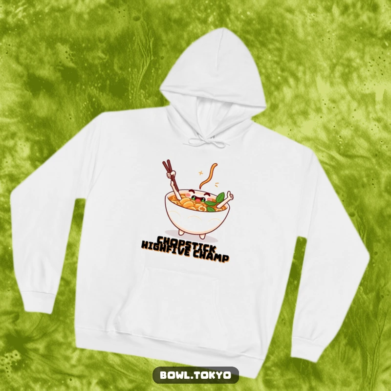 Funny Hoodie: A ramen bowl character with chopstick arms giving a high-five, offering warmth and playful energy.