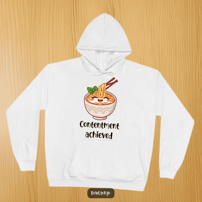 Funny Ramen Bowl Hoodie: Happy ramen character with a contented sigh, visually represented.