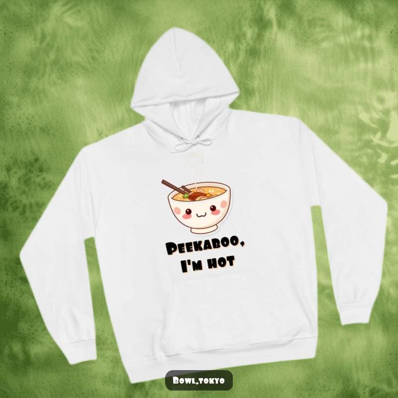 Funny cute kawaii ramen bowl hoodie with a mischievous character peeking from steam, wearing a playful grin.