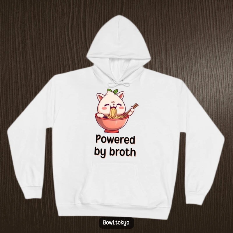 Funny hoodie depicting an anthropomorphic ramen bowl character comically slurping noodles with pure, unadulterated delight and happiness.