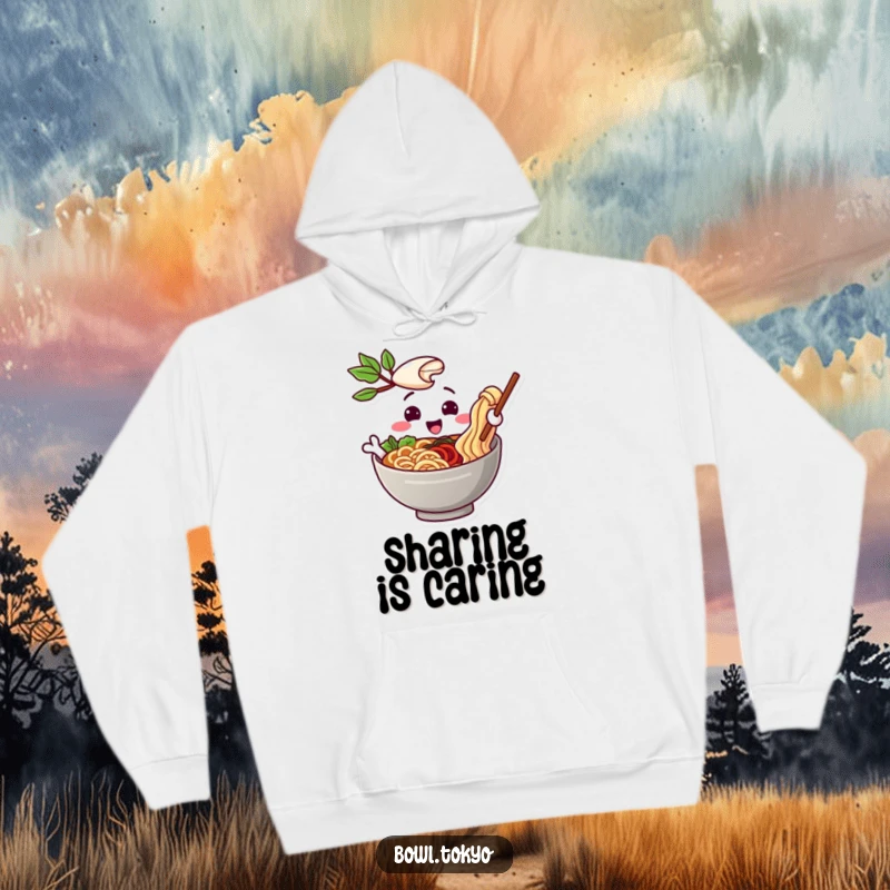 Funny, soft hoodie showcasing a playful ramen bowl character offering a noodle with a friendly and heartwarming gesture.