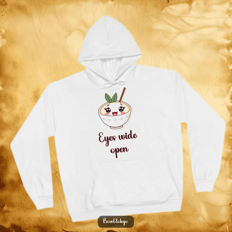 Funny kawaii ramen bowl hoodie depicting a character with giant surprised eyes looking upwards, embodying astonishment.