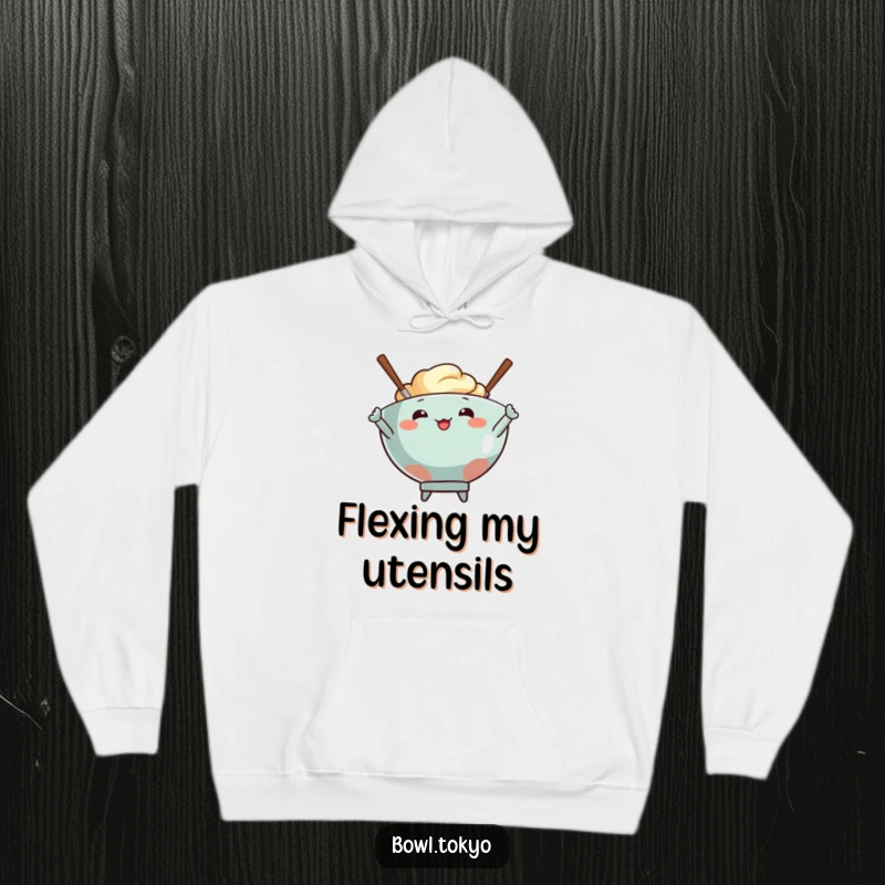 Funny hoodie featuring a food bowl character and two energetic chopsticks striking a bold, attention-grabbing pose.