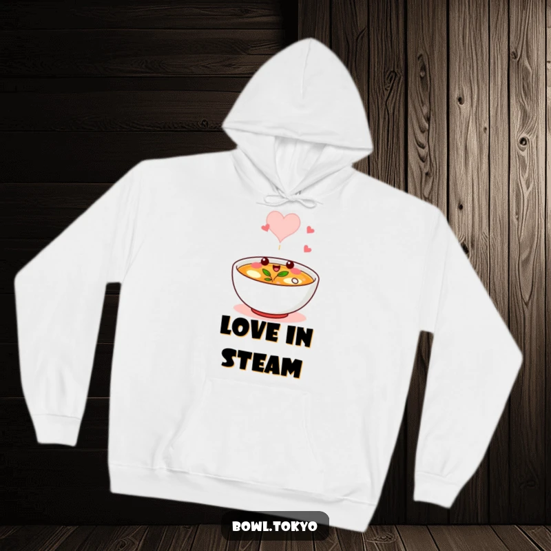 Funny hoodie featuring a broth bowl character winking, with steam rising to form a heart, radiating warmth.