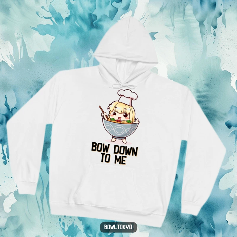 Funny hoodie with a ramen bowl character wearing a tiny chef hat and posing dramatically, offering warmth and humorous style.