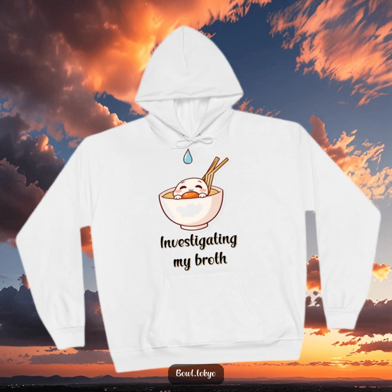Funny curious ramen hoodie showing a noodle bowl character peeking at a droplet, perfect for thoughtful moments.