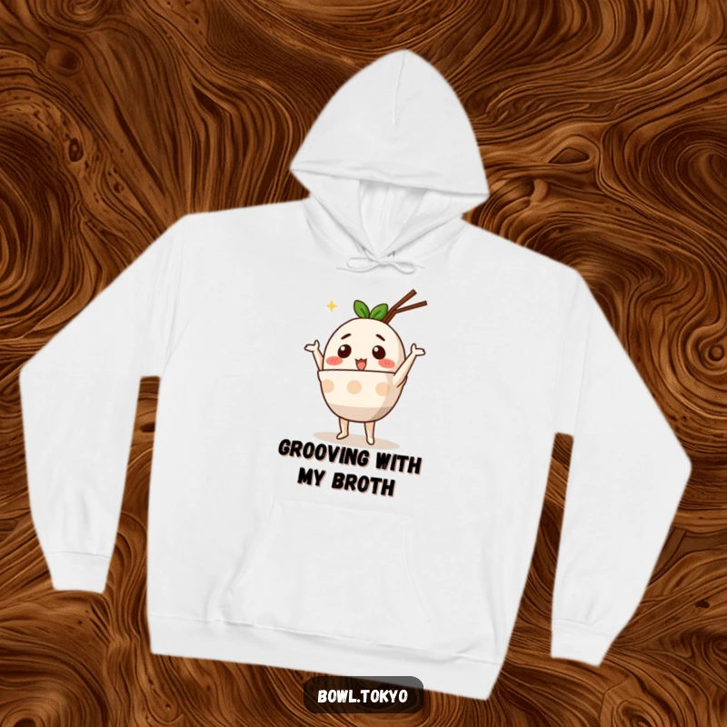 Funny Cute Ramen Bowl Hoodie with an anthropomorphic character performing a silly dance, perfect for staying warm and cheerful.