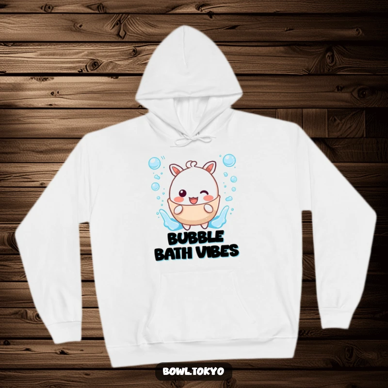 Funny hoodie depicting a cute, kawaii broth character gleefully splashing surrounded by effervescent bubble accents, radiating joy.