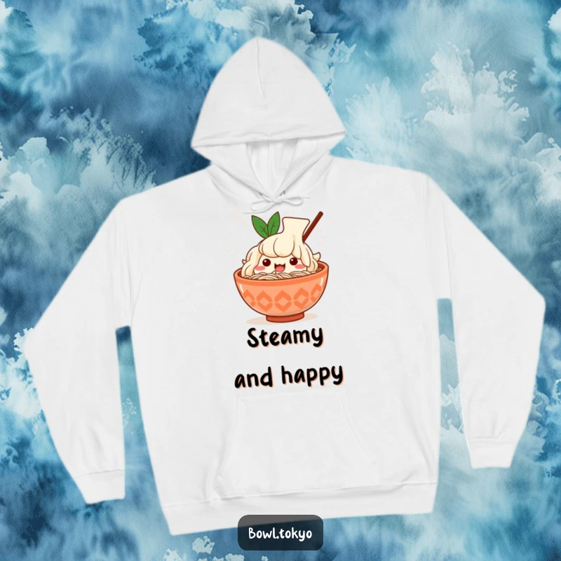 Funny Kawaii ramen bowl hoodie, character sighs happily, steam effect, cozy noodle humor, giftable.