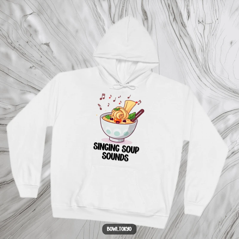 Funny musical ramen hoodie showing a noodle bowl character with musical notes, perfect for music lovers.