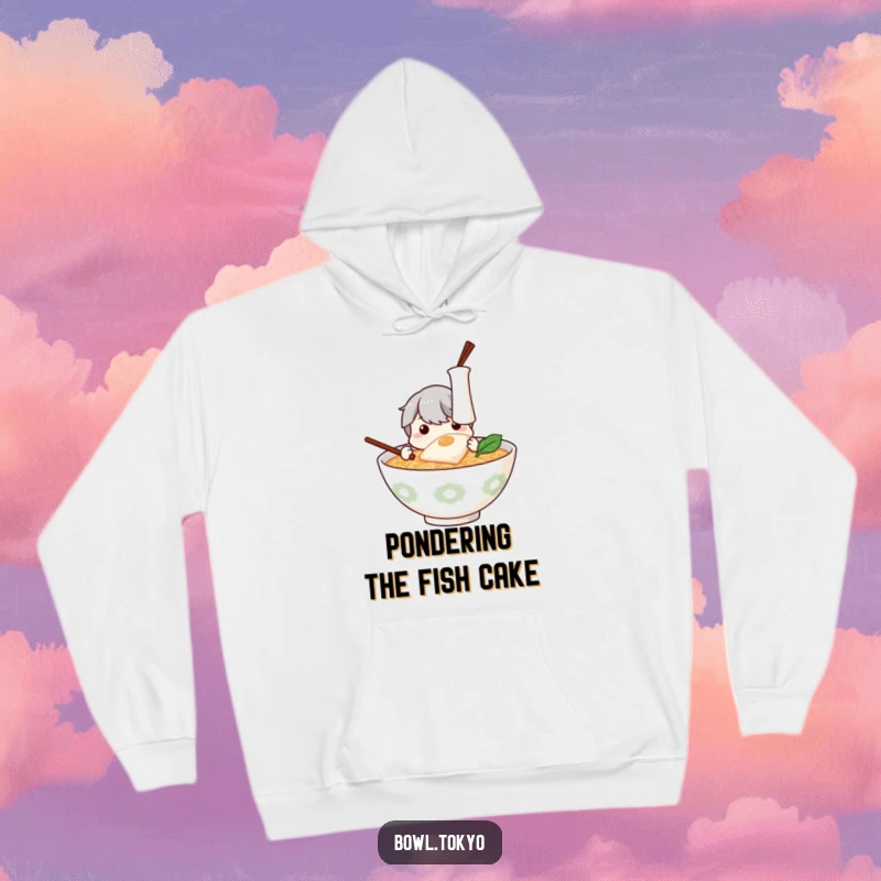 Funny Ramen Bowl Hoodie: Curious ramen character examining a floating piece of kamaboko.