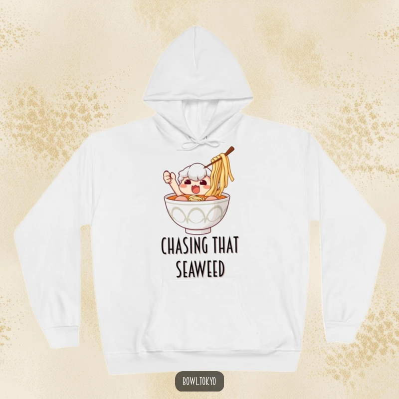 Funny Ramen Bowl Hoodie: Determined ramen character in a funny pose, reaching for a nori seaweed piece.