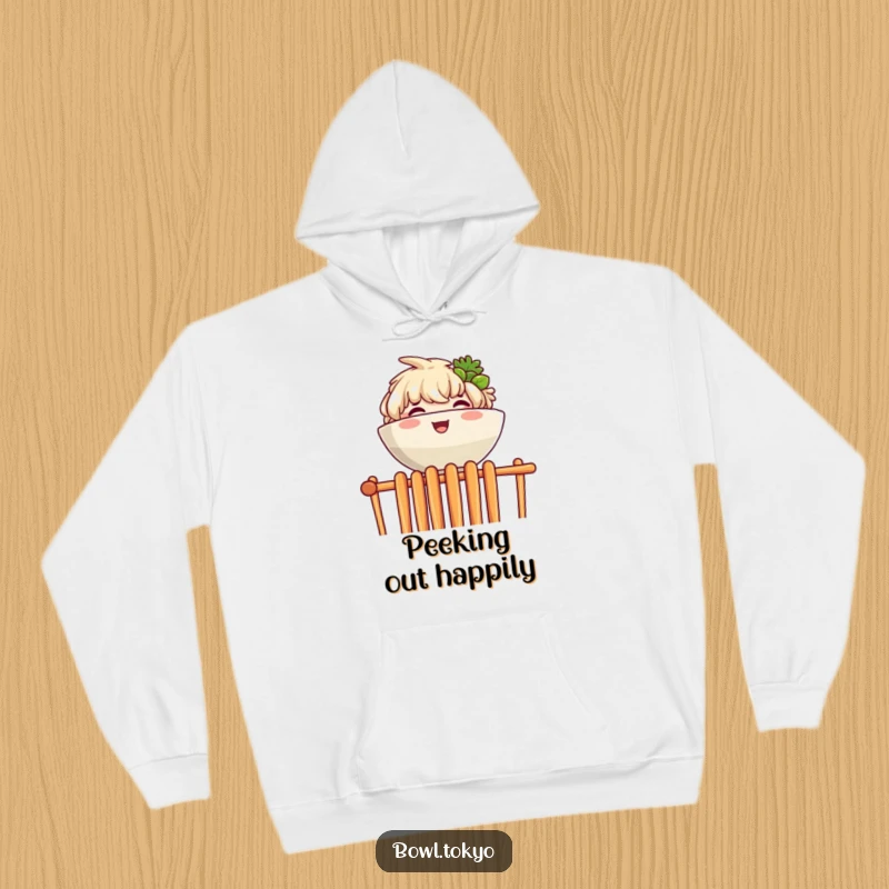 Funny hoodie featuring a joyful ramen bowl character peeking over a wall of chopsticks, perfect for cozy, humorous wear.
