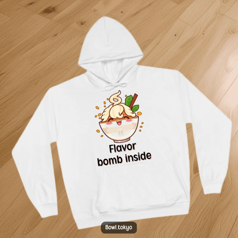 Funny hoodie with a joyful ramen bowl character surrounded by a bursting flavor cloud, perfect for cozy, humorous wear.