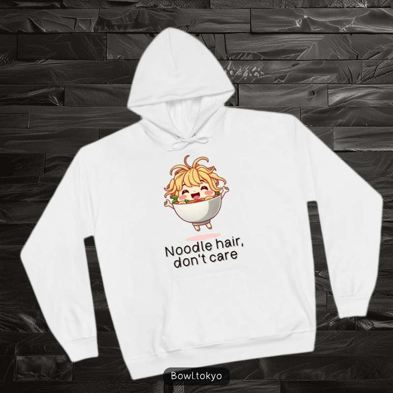 Funny Hoodie: A happy ramen bowl with noodle hair in a joyful dance pose, exuding warmth and playful energy.