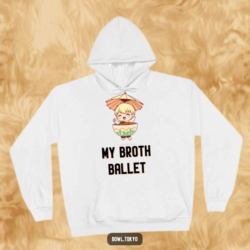 Funny ramen bowl character in a cute paper umbrella gracefully dances within a gentle mist on this hoodie.