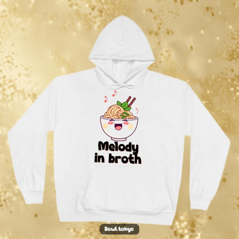 Funny cheerful ramen bowl hoodie, singing with musical notes, cozy and vibrant graphic.