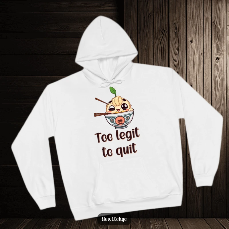 Funny hoodie depicting a ramen bowl character winking and juggling chopsticks, cozy and humorous for casual wear.