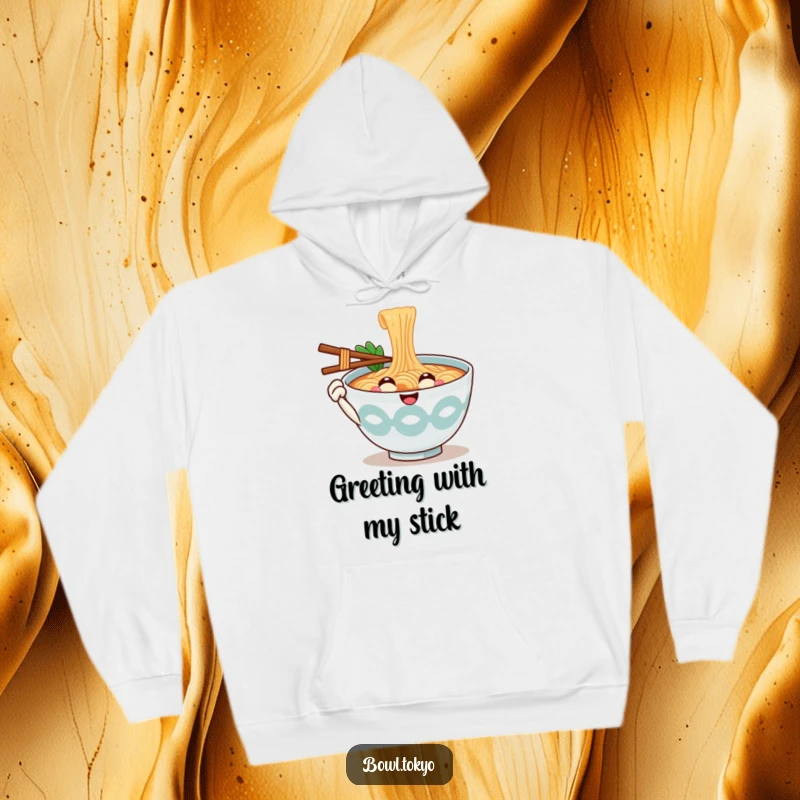 Funny Cozy Ramen Bowl Hoodie with a smiling character offering a chopstick, symbolizing a warm and friendly welcome.