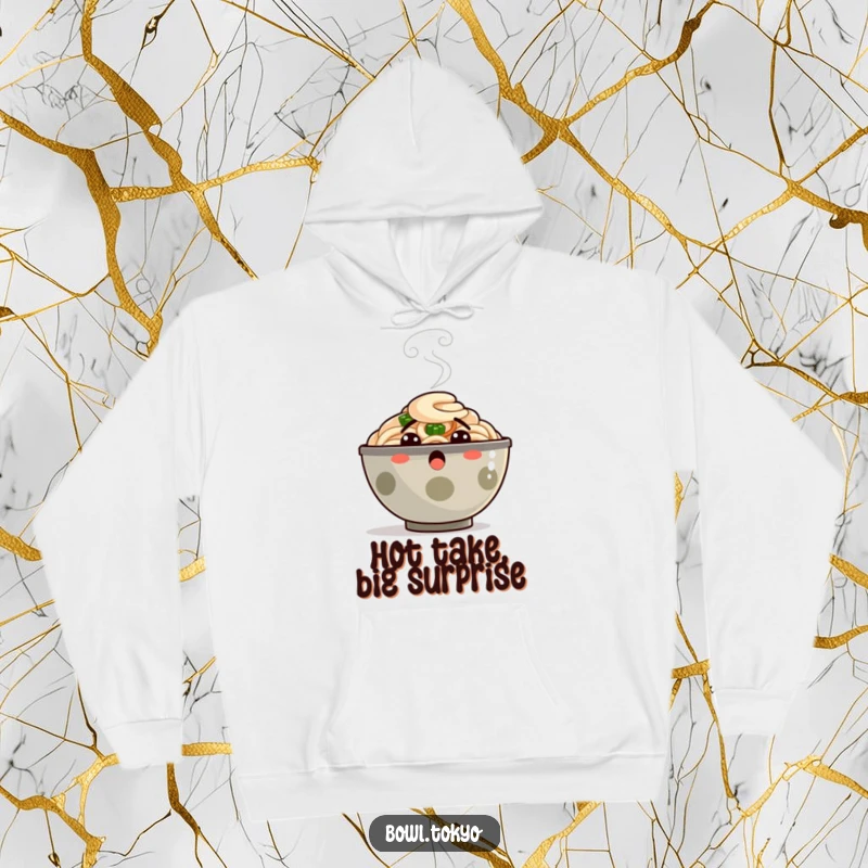 Funny Hoodie: A ramen bowl character expressing surprise with steam puffing from its top, a humorous and cozy design.