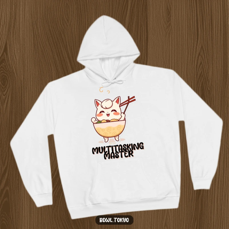 Funny cheerful anthropomorphic ramen bowl hoodie with a character happily juggling chopsticks, radiating fun.