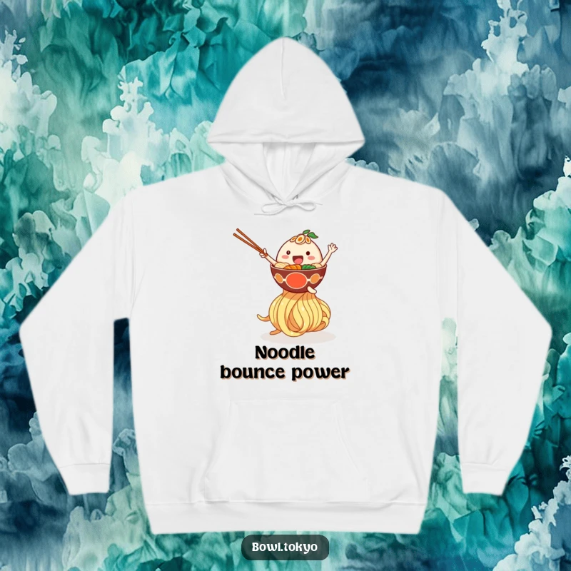 Funny hoodie depicting a happy ramen bowl character bouncing on a giant noodle, cozy and amusing for casual wear.