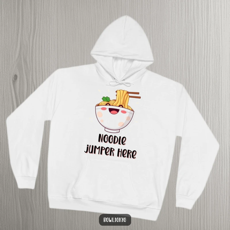 Funny hoodie featuring a beaming ramen bowl character joyfully sliding down a noodle, perfect for cozy, humorous wear.