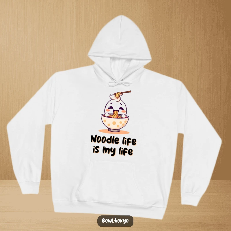 Funny kawaii ramen bowl hoodie with a happy character joyfully slurping a noodle, radiating warmth and deliciousness.