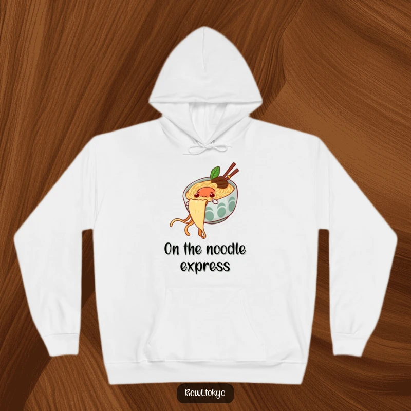 Funny hoodie depicting a happy ramen bowl character joyfully sliding down a noodle string, perfect for lounging.