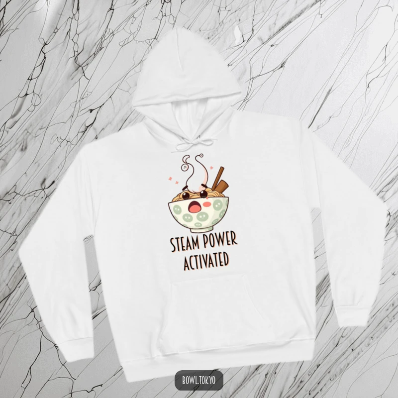 Funny surprised ramen bowl hoodie, stylized steam erupting comically, showing a shocked noodle character, cozy and warm apparel.