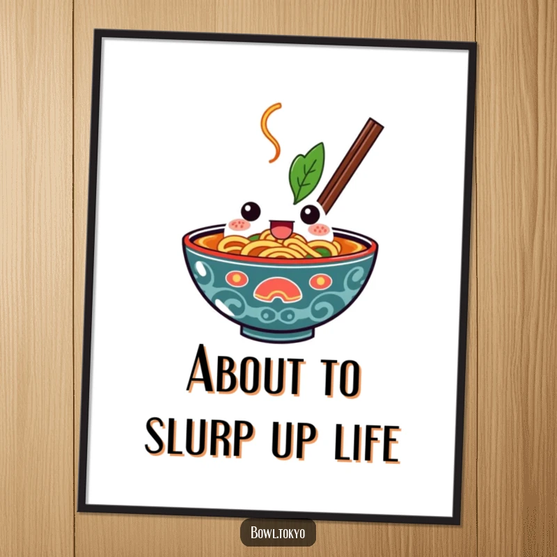 Funny Free Printable Wall Art: A determined kawaii ramen bowl character with a focused expression, ready to pounce.