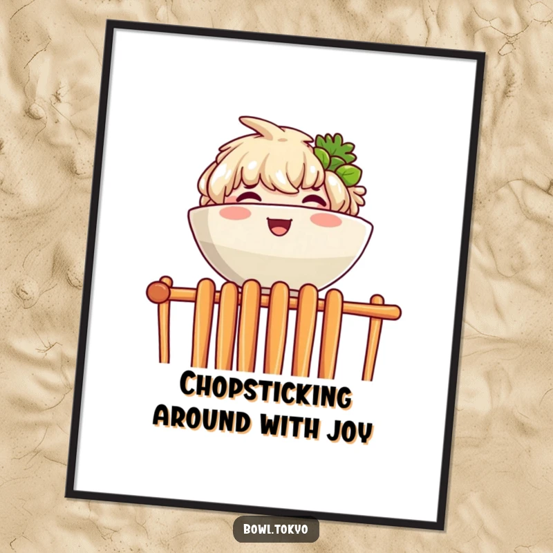 Funny Free Printable Wall Art: A ramen bowl character joyfully peeking over a wall of chopsticks with delight.