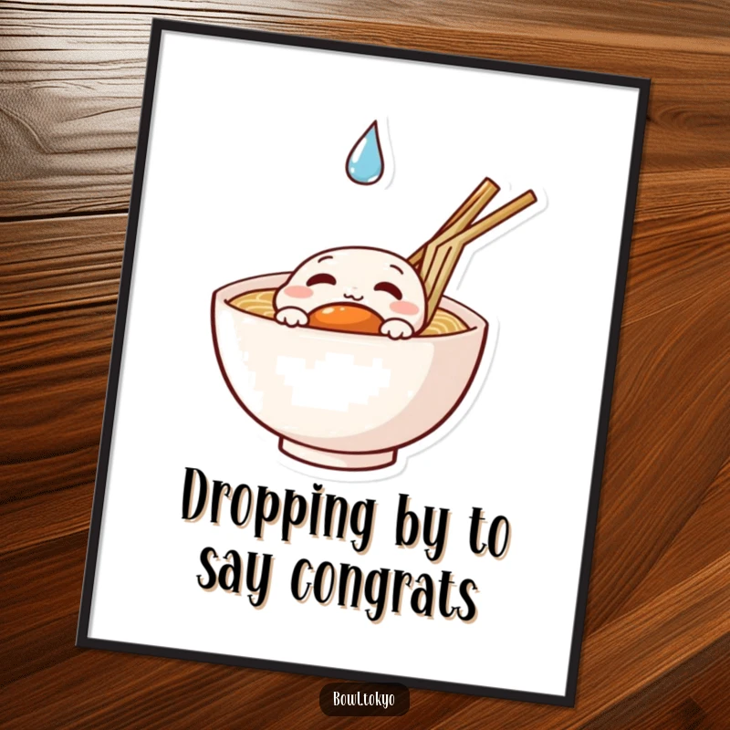 Funny Free Printable Wall Art: A ramen bowl character curiously peeking at a mysterious floating droplet, adding intrigue to your space.