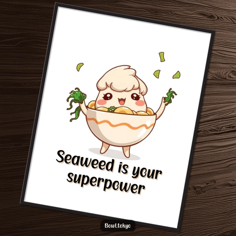 Free Printable Wall Art: Playful ramen bowl character skillfully juggling tiny pieces of seaweed, adding whimsy.