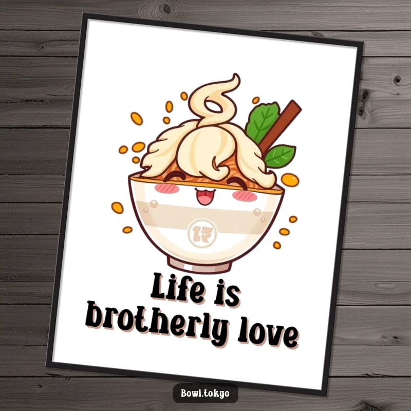 Funny Free Printable Wall Art: Cheerful ramen bowl character with a bursting flavor cloud, bringing delicious vibes.