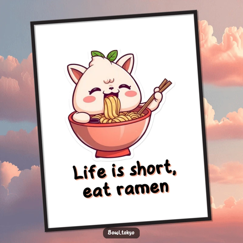 Funny free printable wall art of a happy anthropomorphic ramen bowl comically slurping noodles with extreme delight and satisfaction.