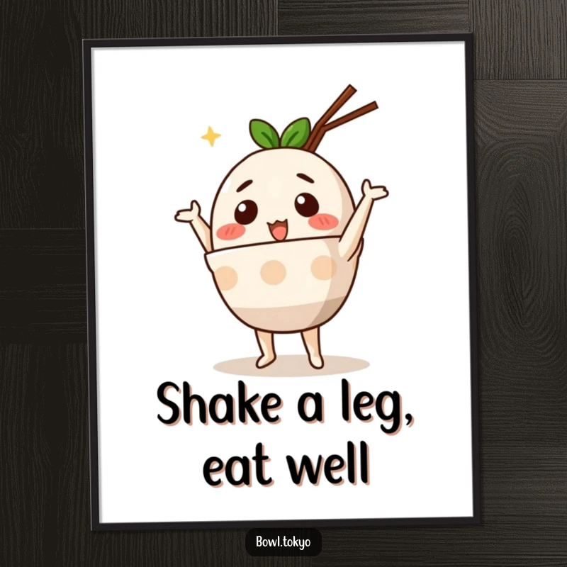 Funny Free Printable Wall Art: A cute anthropomorphic ramen bowl character caught mid-silly dance, noodle limbs flailing.