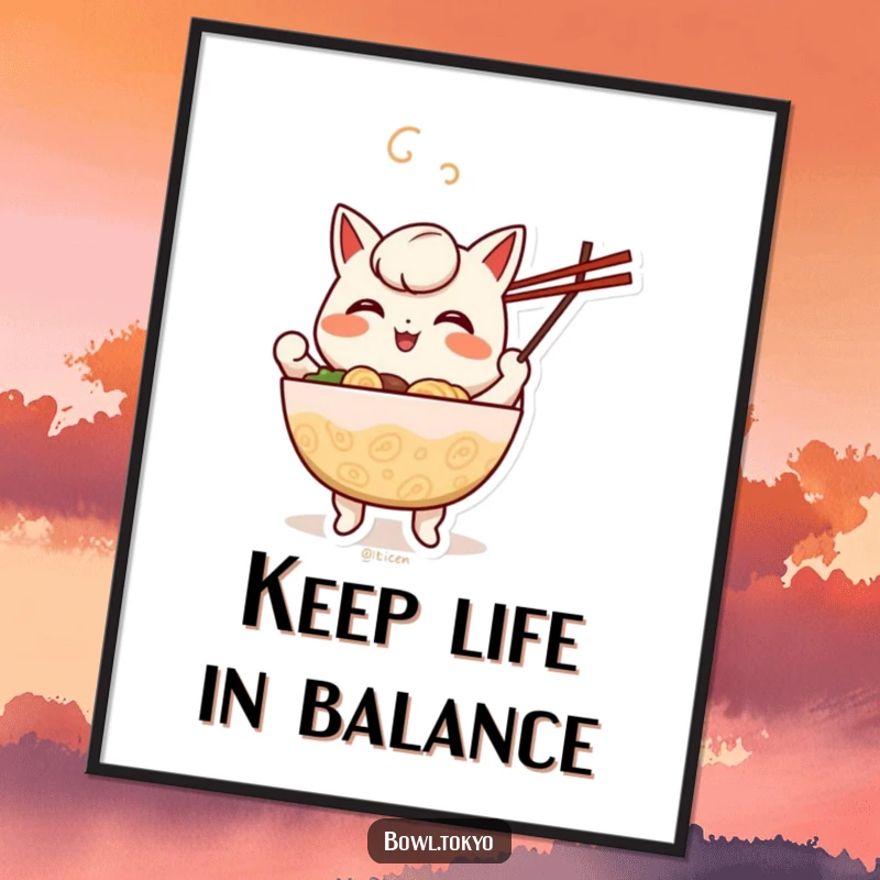 Funny Free Printable Wall Art: A cheerful kawaii ramen bowl character skillfully juggling chopsticks with a happy expression.