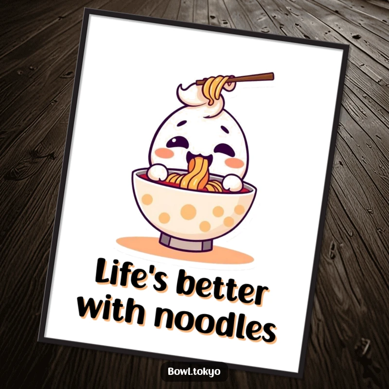 Funny Free Printable Wall Art: A cute kawaii ramen bowl character joyfully slurping a single noodle with immense satisfaction.