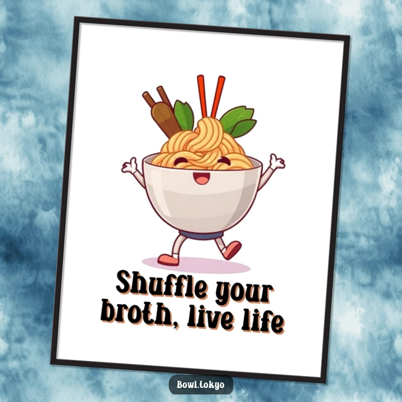 Funny Free Printable Wall Art: A happy ramen bowl character doing a jolly shuffle, bringing cheerful energy to your space.