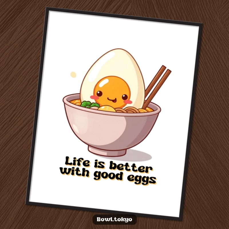 Funny free printable wall art showcasing a Kawaii ramen bowl with a large, happy smiling egg peeking out playfully.