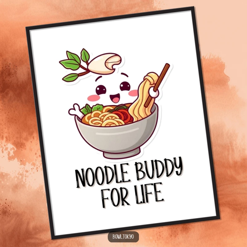 Funny free printable wall art of a playful ramen bowl character extending a noodle in a welcoming, friendly gesture.